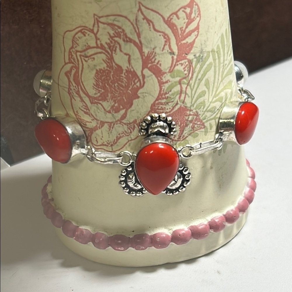Red, Moonstone & Silver Ornate Filigree Bracelet